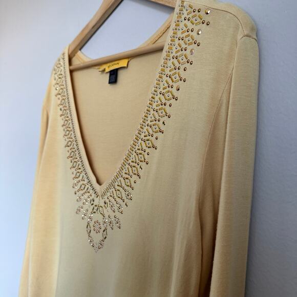 St John Yellow V-Neck Top Embellished Beaded Party Holiday Glam Classic - Picture 8 of 16